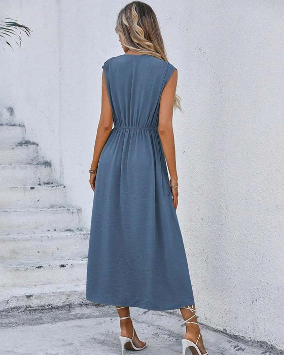 Solid Color Cinched Waist Tie Dress