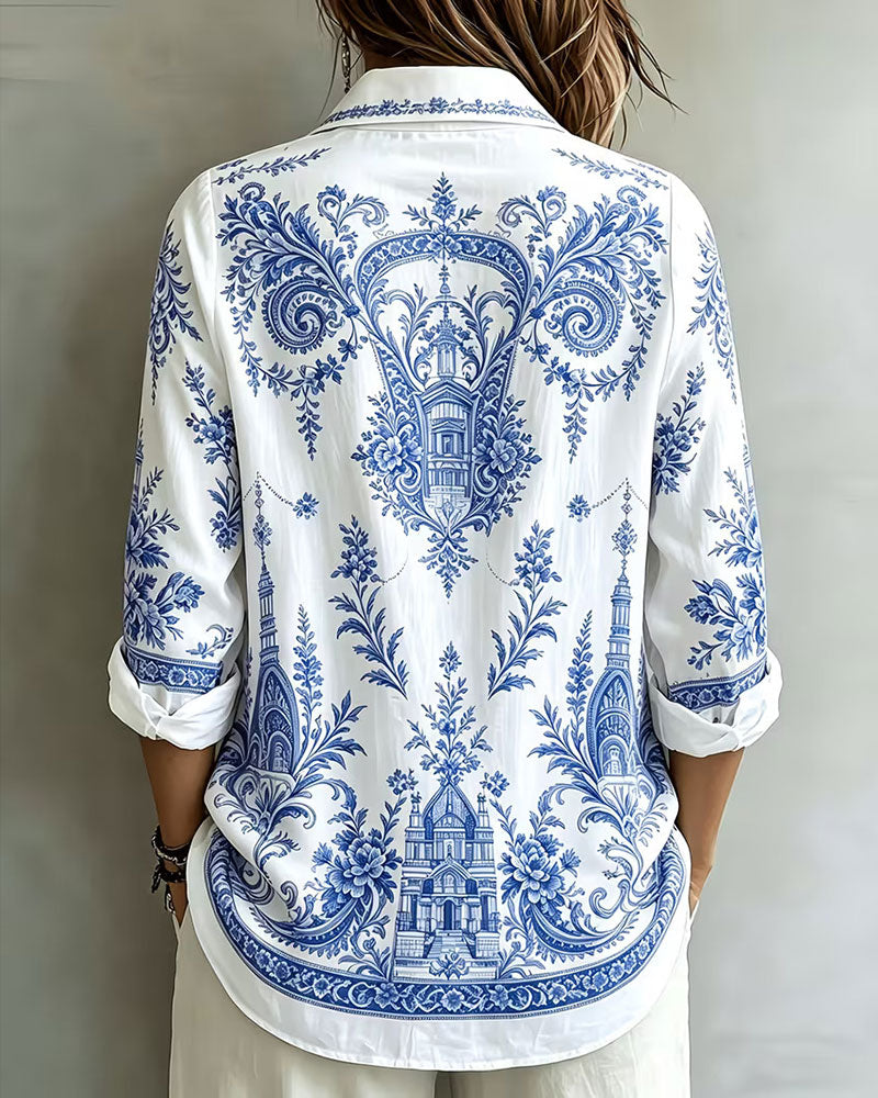 Blue Porcelain Print Lapel Shirt