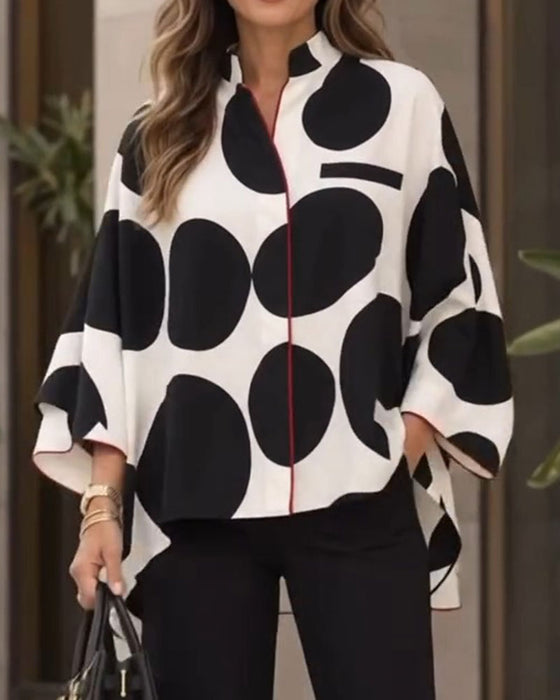 Stand Collar Large Polka Dots Loose Irregular Blouse