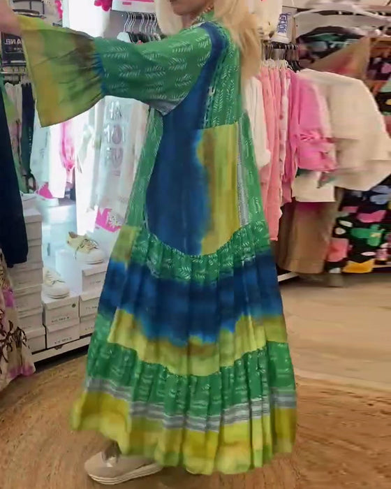 Printed casual V-neck flare sleeve long dress