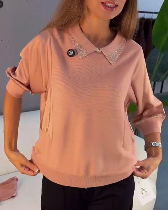 Lapel Elbow-Length Sleeve Knit Elegant Pullover