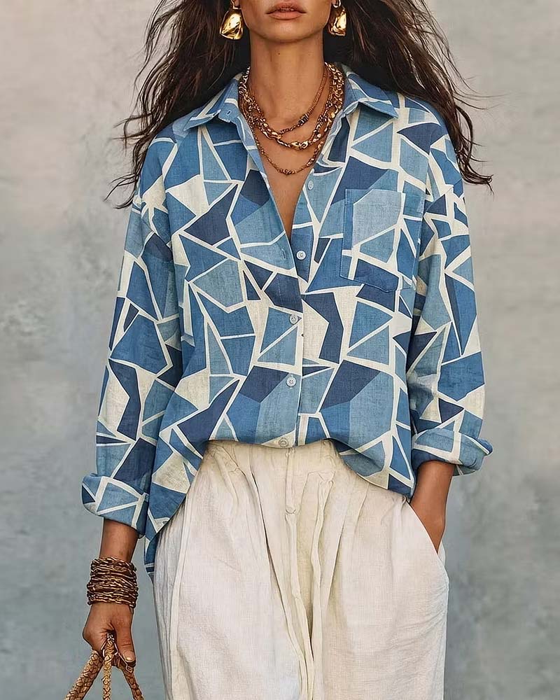 Geometric Print Collar Long Sleeve Blouse