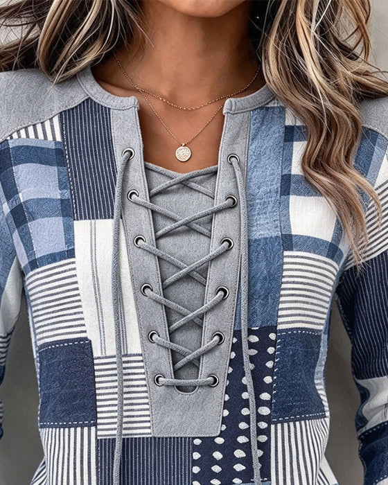 Lace-Up Plaid Long-Sleeved Slim Sweatshirt