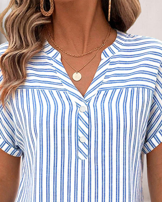 Stripe V-Neck Button Patchwork Blouse
