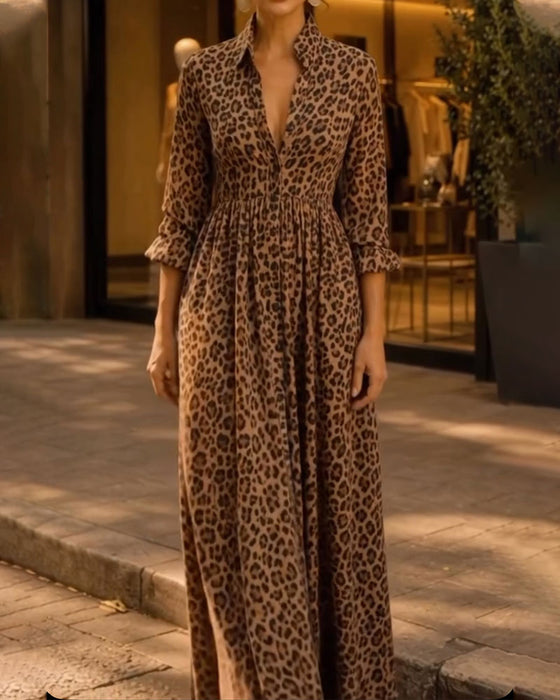 Leopard Lapel Casual Dress