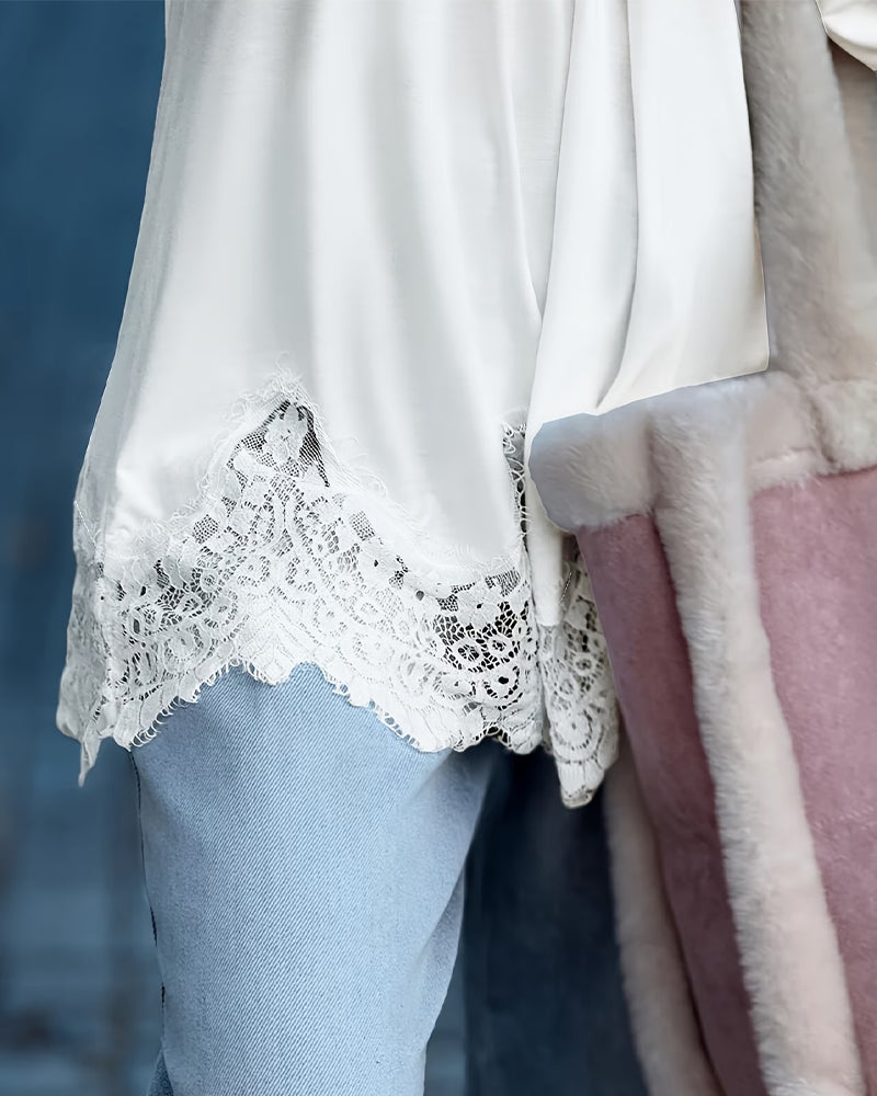 Lace V-Neck Long-Sleeved Loose Blouse