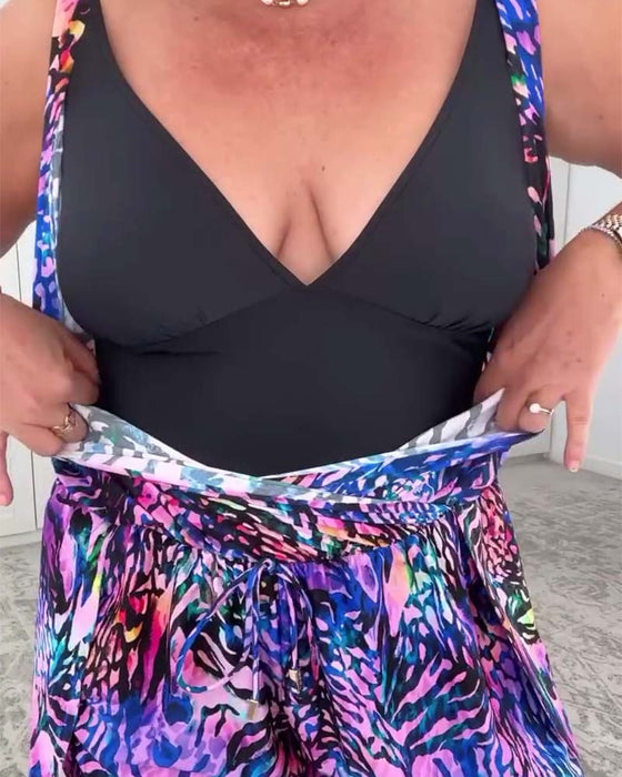 V-Neck Colorful Print One-Piece Swimsuit