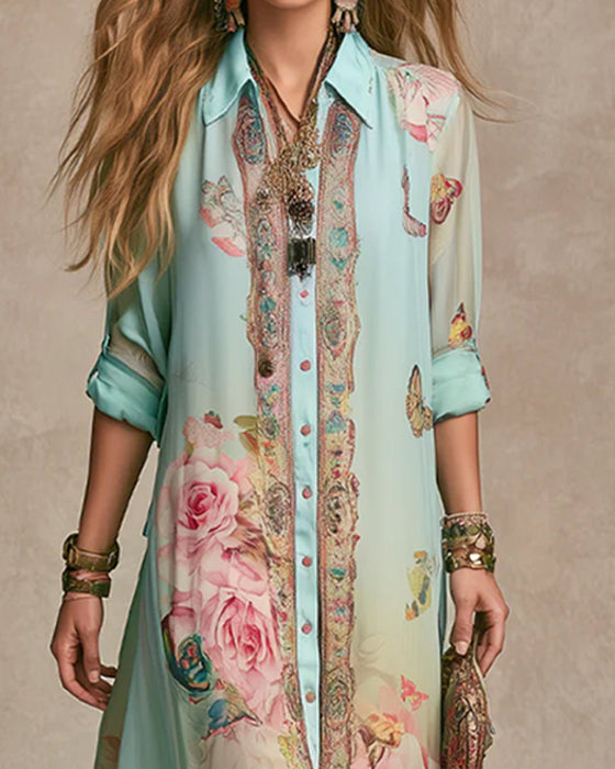 Lapel Butterfly Rose Print Dress