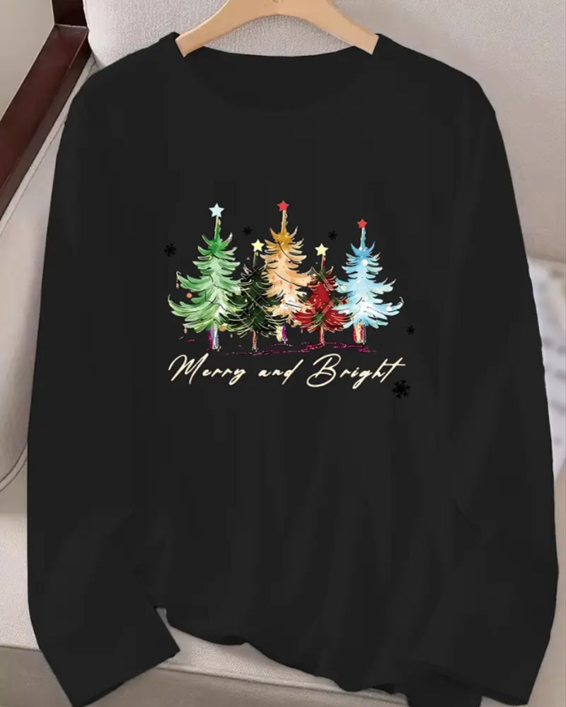 Long-Sleeved Crew Neck Christmas Tree Print Top