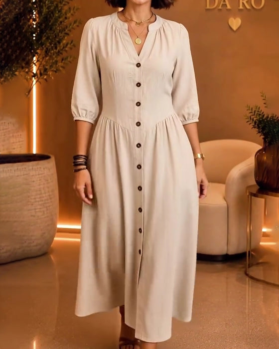 V-Neck Button Ruched Elbow-Length Sleeve Dress