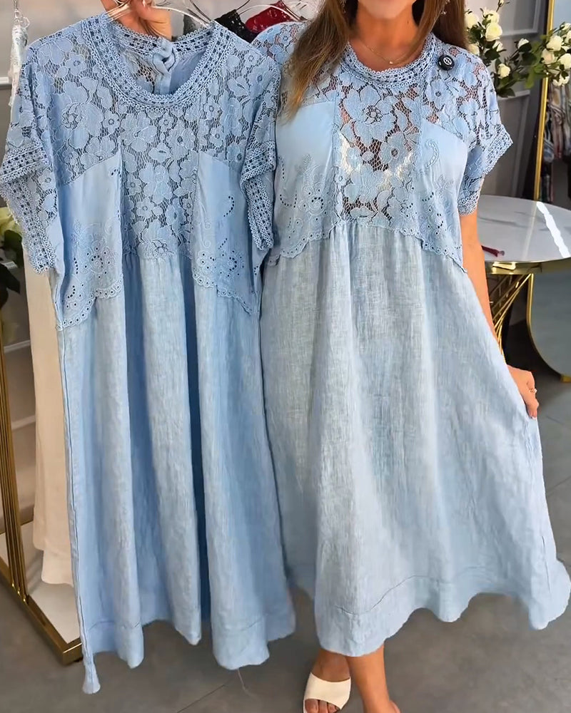 Elegant Lace Trim Patchwork Maxi Dress