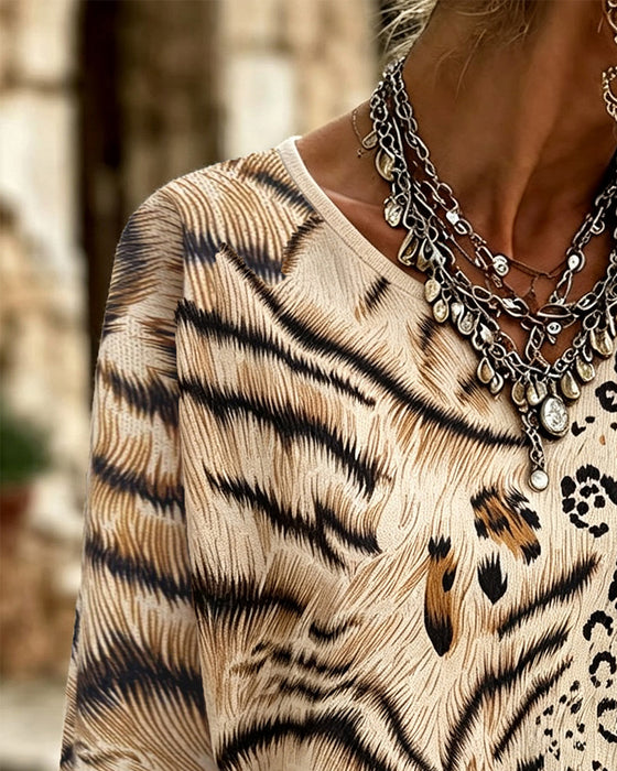 Crew Neck Leopard Long Sleeve Blouse