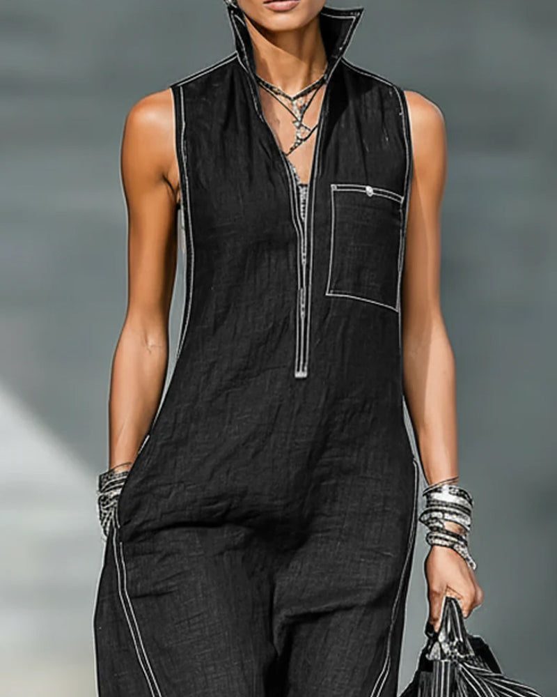 Mandarin Collar Sleeveless Black and White Wide-Leg Jumpsuits