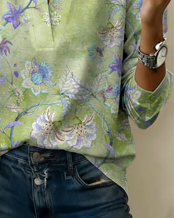 Stand-Up Collar Long-Sleeved Floral Blouse