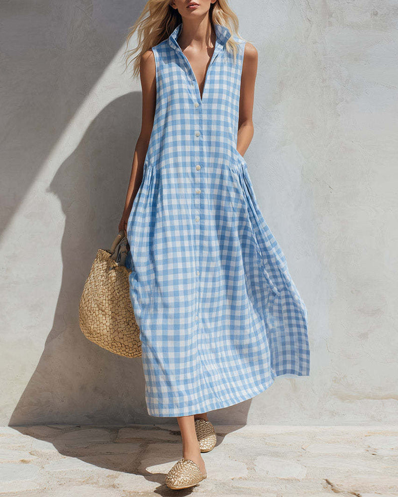 Lapel Blue And White Check Sleeveless Dress