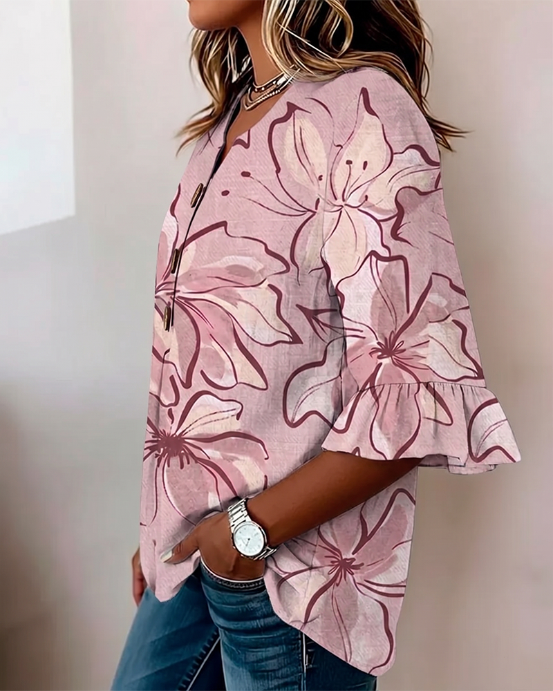 V-Neck Floral Ruffle Three-Quarter Sleeve Blouse