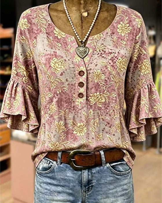 Retro Print Loose Ruffle Blouse