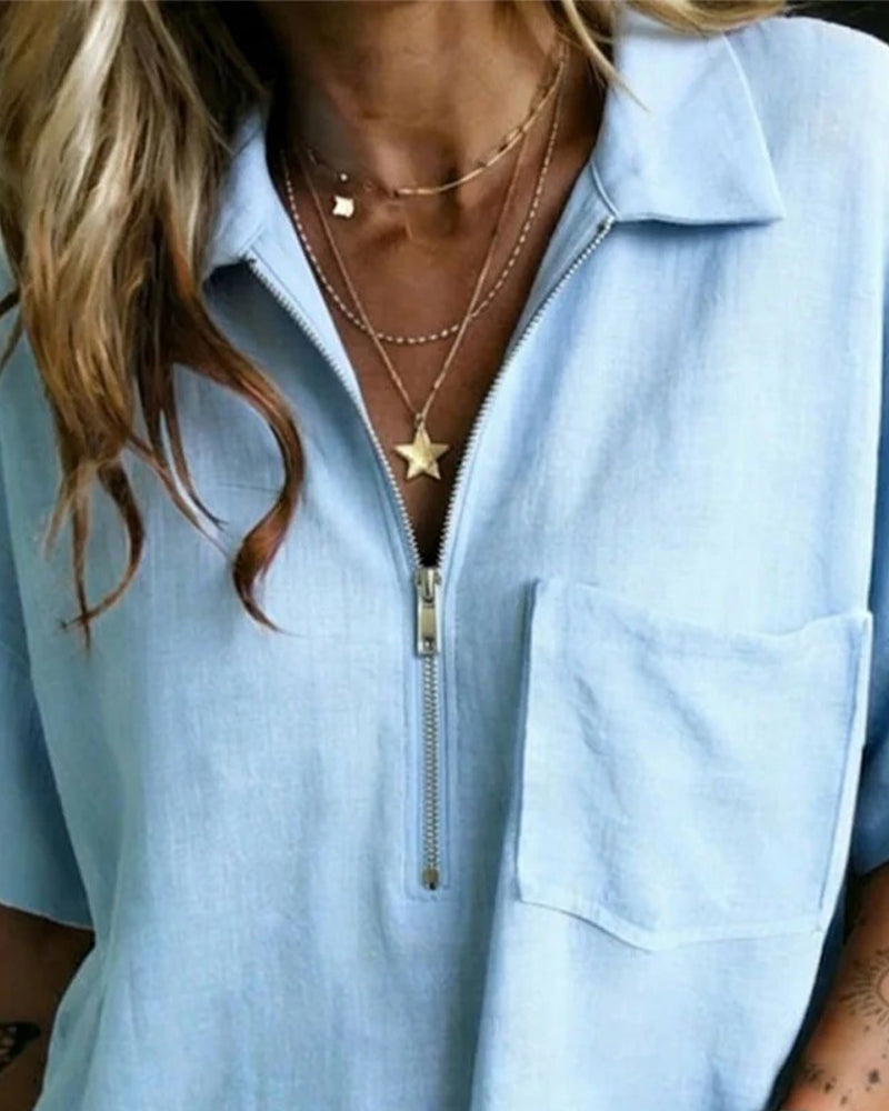 Half Zip Lapel Short Sleeve Shirt