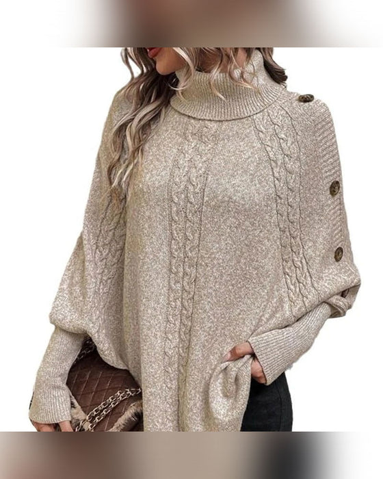 Turtleneck Irregular Cable Button Pullover