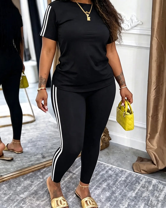 Striped Short-Sleeved Long Sweatpants Set