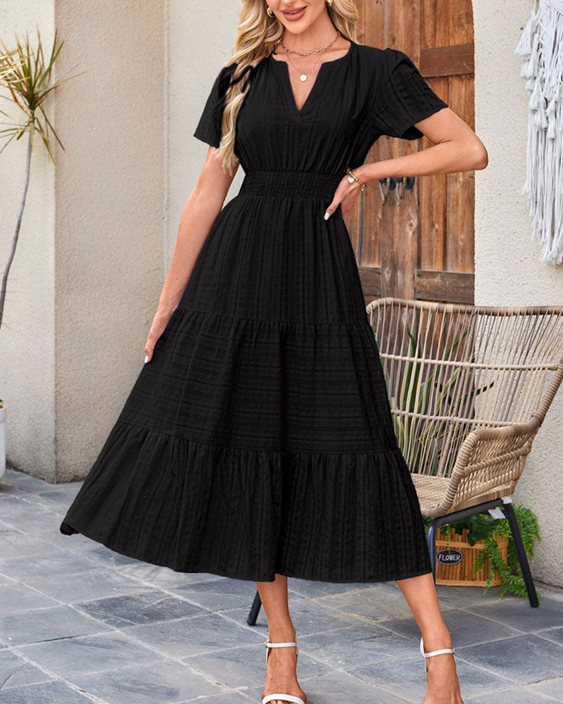 V-Neck Shirred Puff Sleeve Short Sleeve Dress