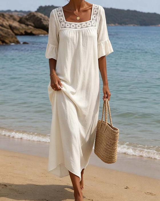 Square Neck Lace Ruffle Cutout Dress