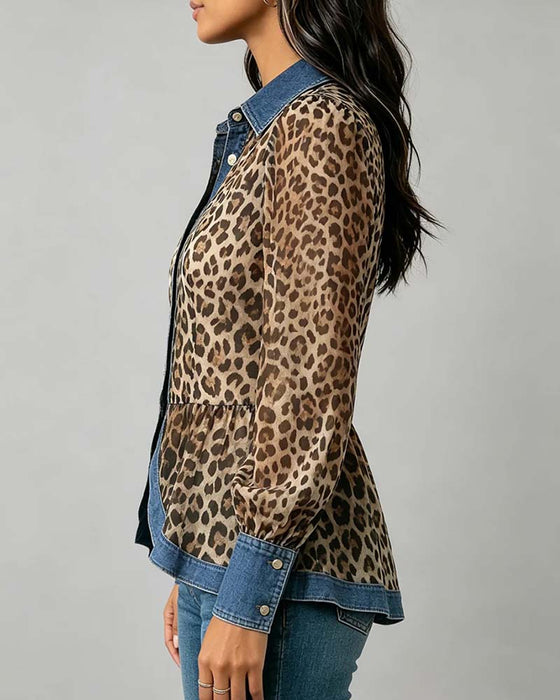 Denim Leopard Patchwork Waist-Cinching Blouse