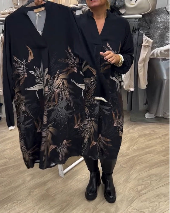 V-Neck Leaf Print Long-Sleeved Dress