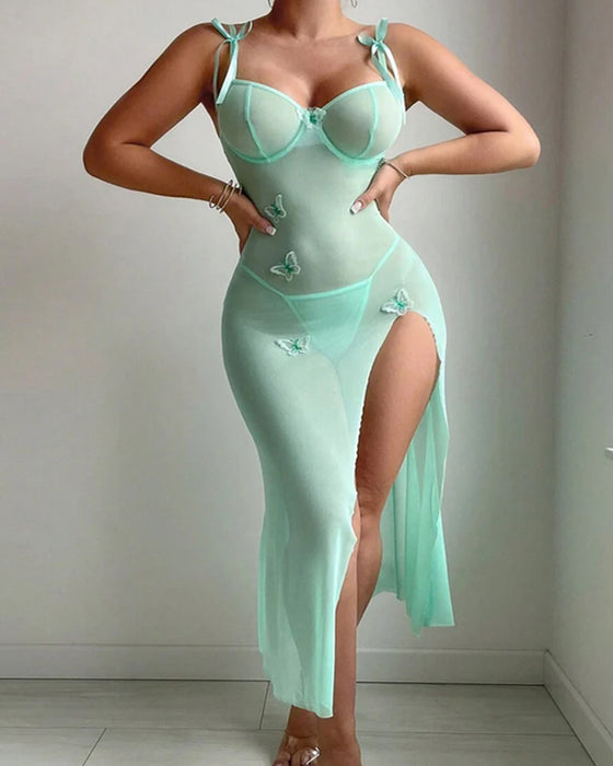 Mesh Butterfly High Slit Suspender Dress
