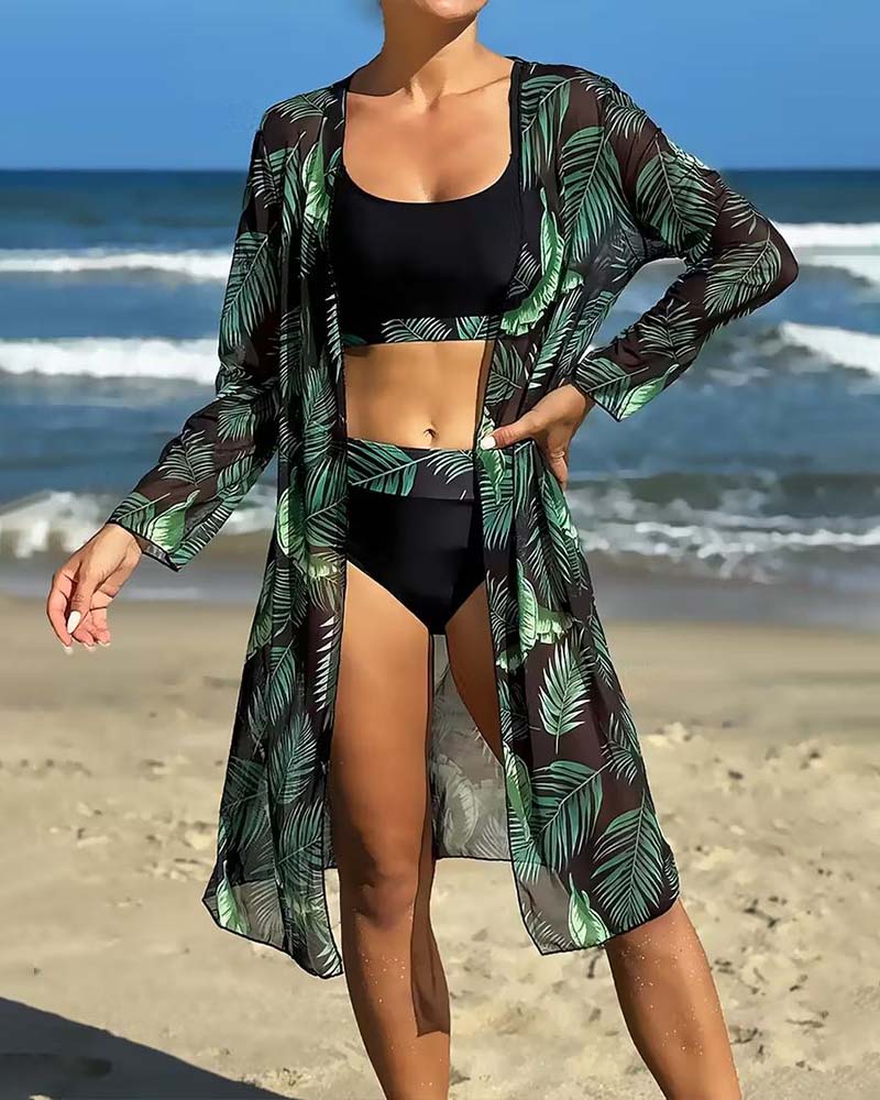 Botanical Print Bikini Three-Piece Set