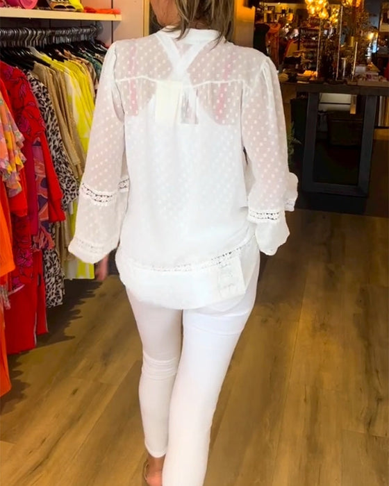 V-neck lace panel long-sleeved top