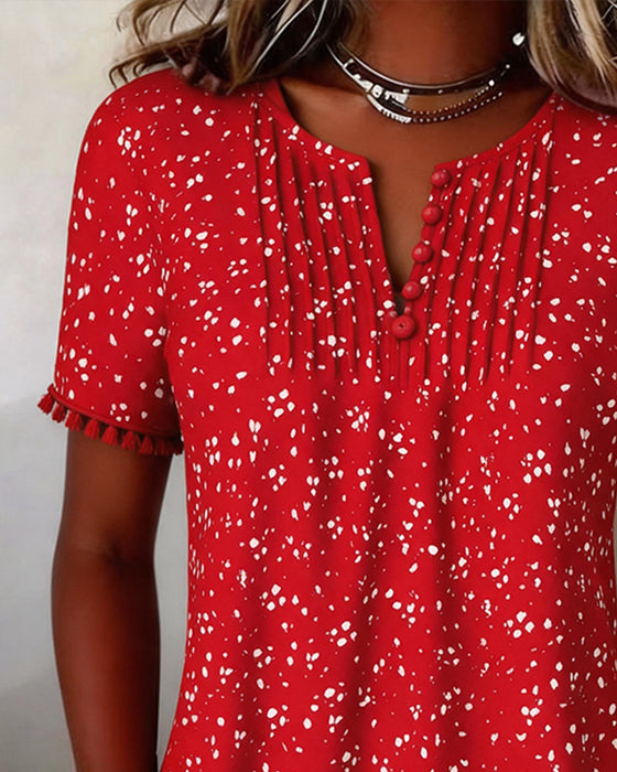 White Dot Fringe Short Sleeve Blouse