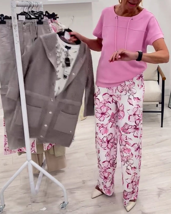 Round Neck Drawstring Solid Color Short Sleeve T-Shirt