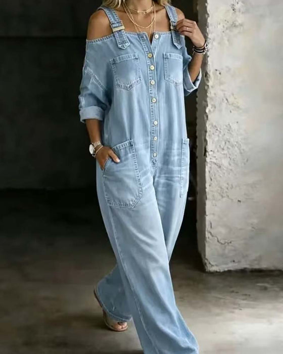 Spaghetti Strap Cold Shoulder Wide-Leg Denim Jumpsuit