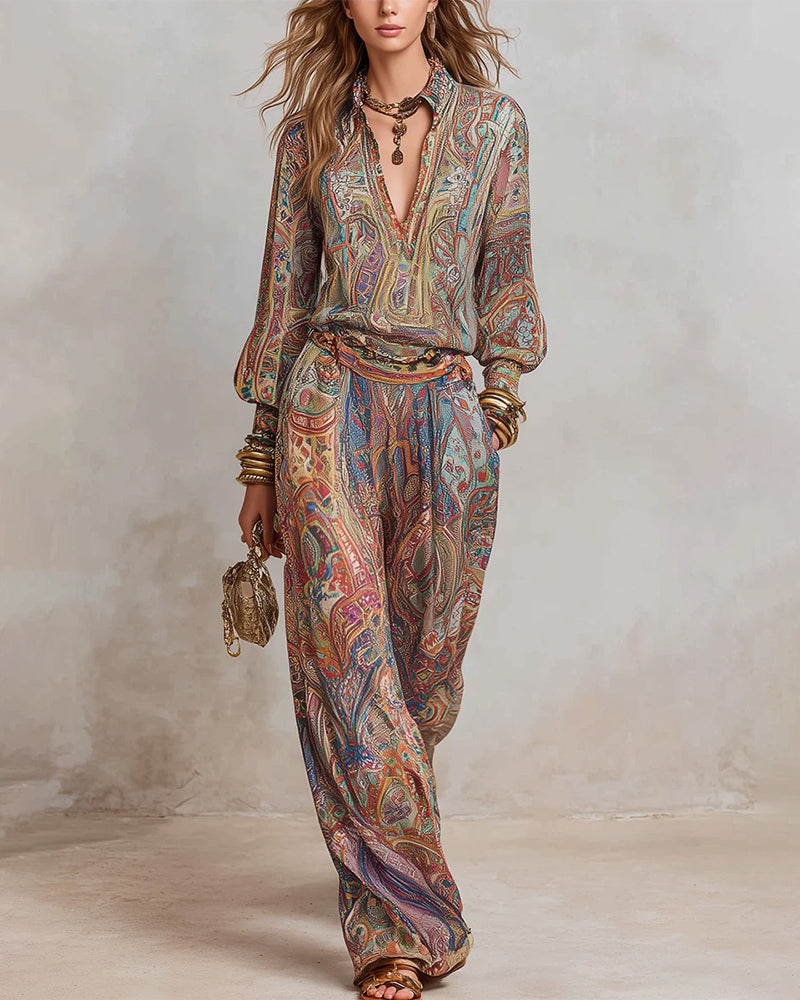 V-Neck Print Draped Casual Set