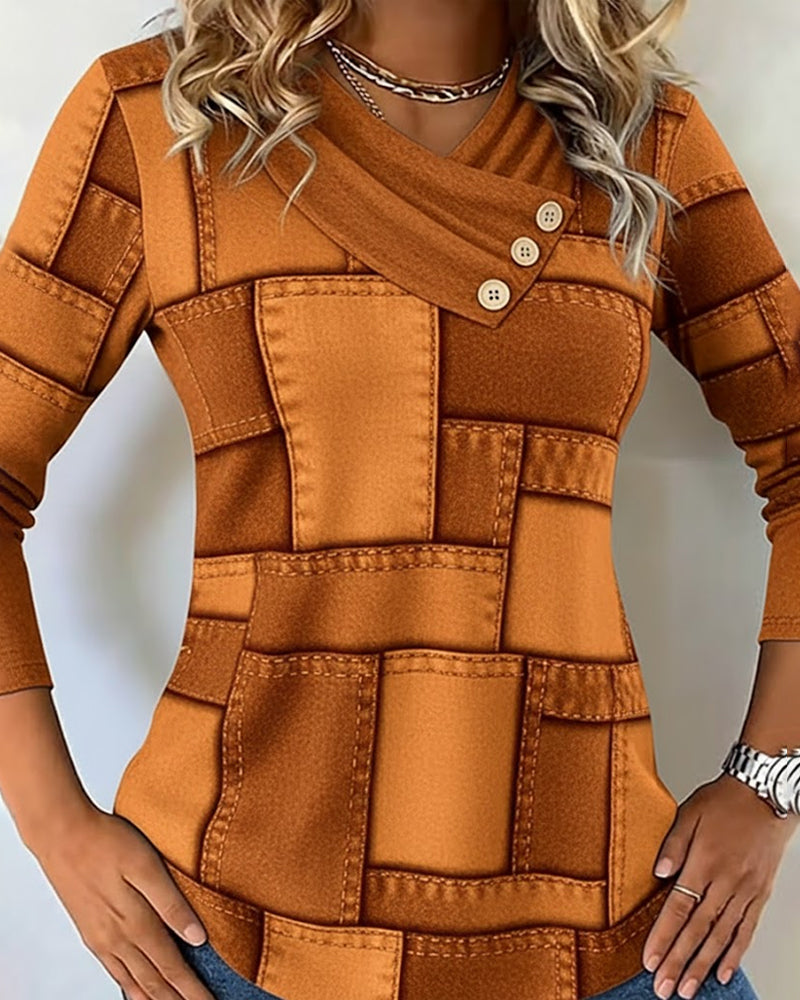 V-Neck Contrast Solid Color Long-Sleeved Top