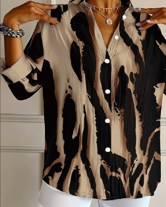 Stand Collar Irregular Printed Blouse