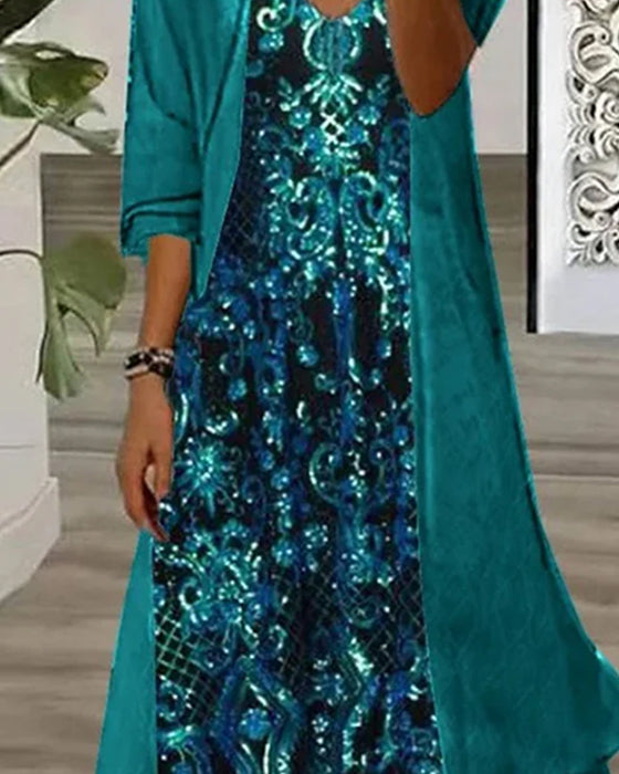 V-Neck Print Irregular Cardigan Set