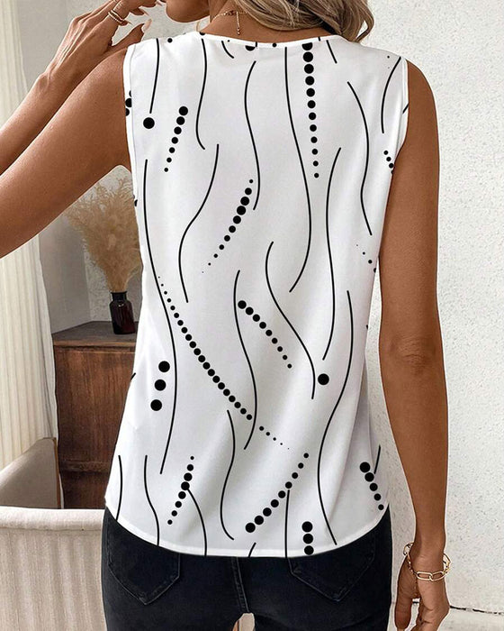 V-Neck Sleeveless Pleated Printed Vest