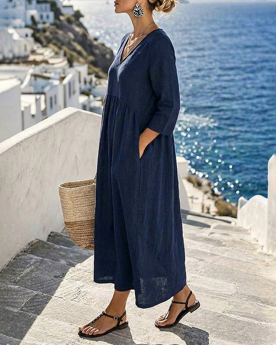 Solid Color V-Neck A-Line Dress