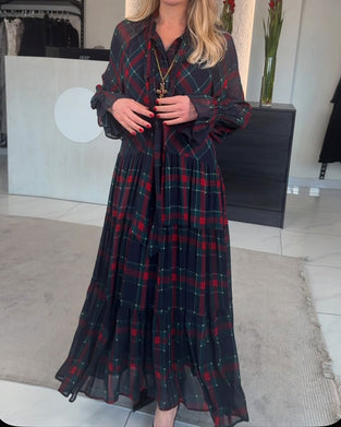 V-Neck Plaid Long-Sleeve Dress