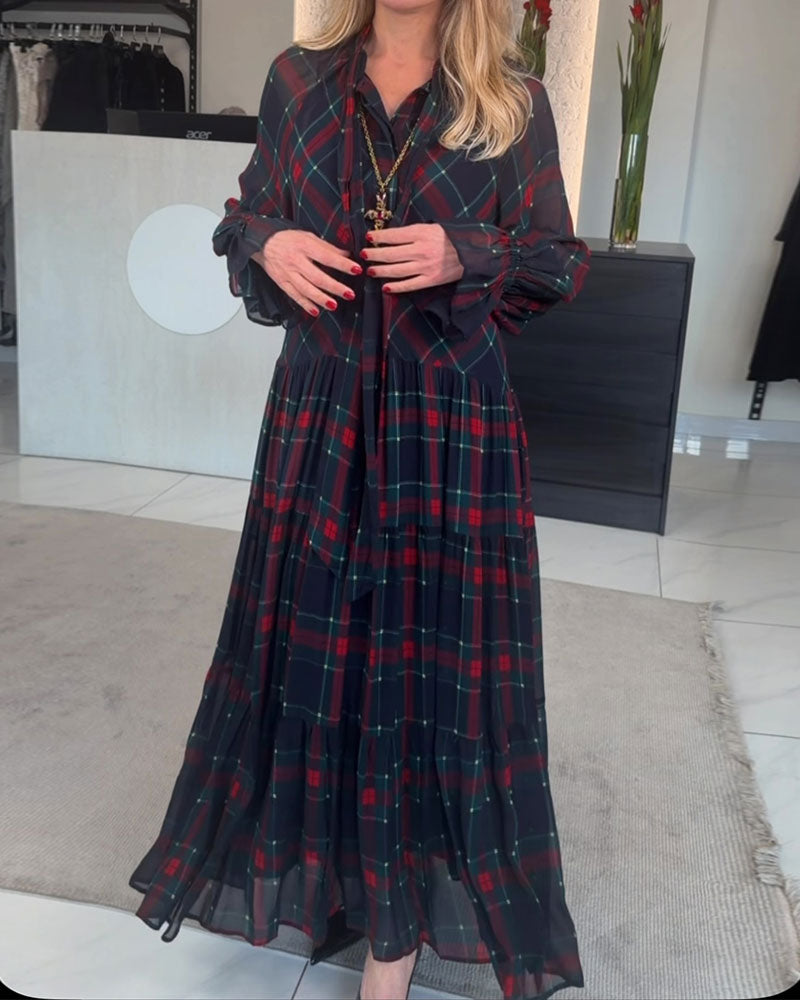V-Neck Plaid Long-Sleeve Dress