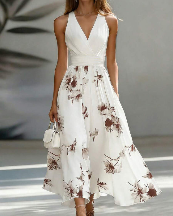Sleeveless V-Neck Waist Floral Dress