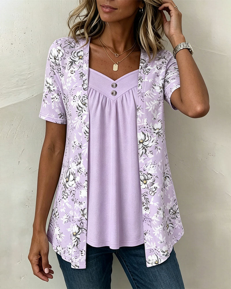 Floral Print Faux Two-Piece T-Shirt