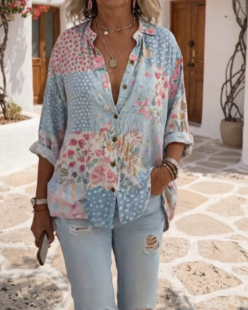 Ditsy Print Stand-Collar Shirt