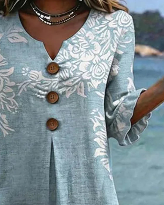 Ruffle Three-Button Print A-Line Dress