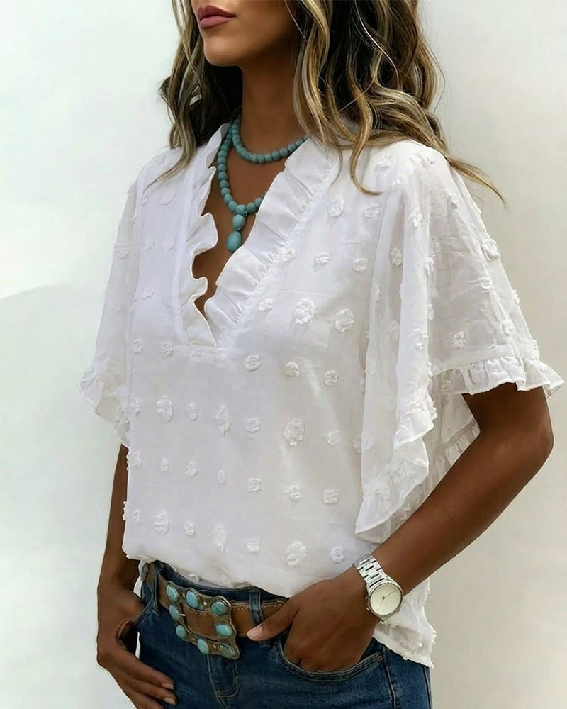 Jacquard V-Neck Ruffle Blouse