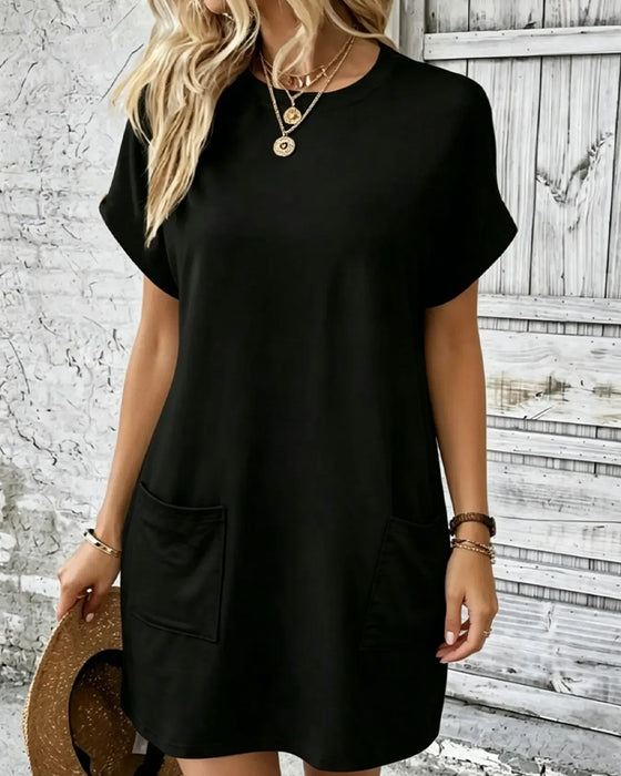 Round Neck Double Pocket Solid Casual Dress
