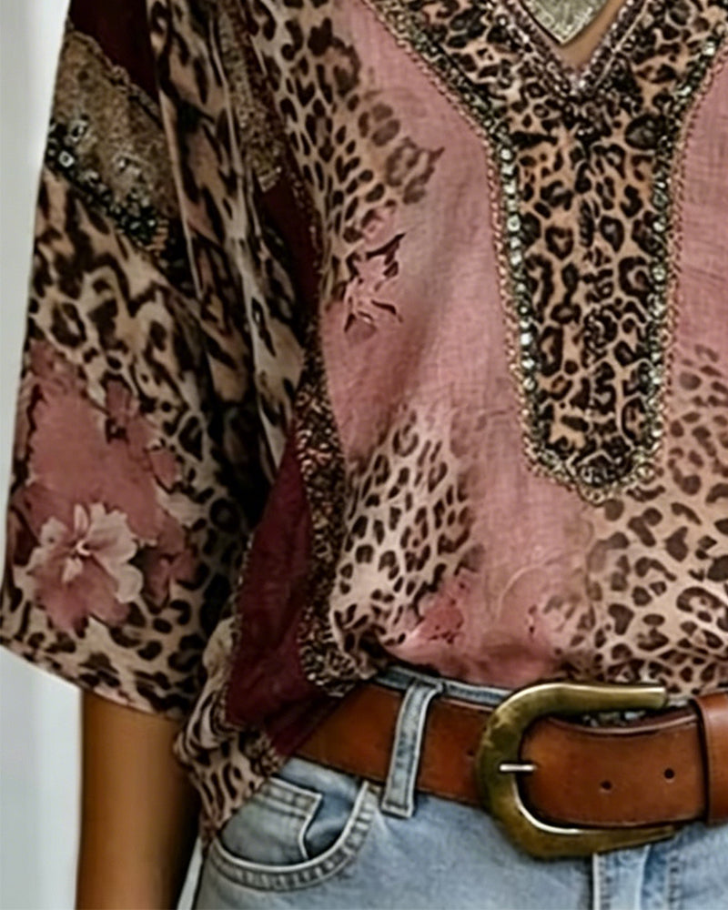 V-Neck Lantern Sleeve Leopard Blouse