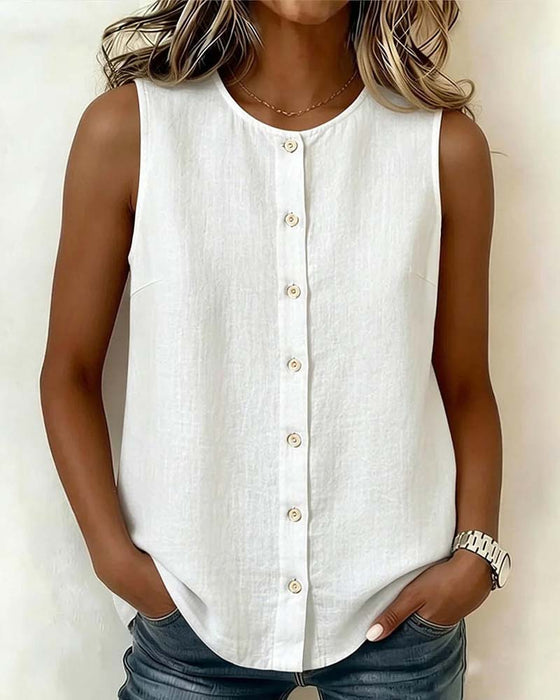 Round Neck Single-Breasted Sleeveless Blouse